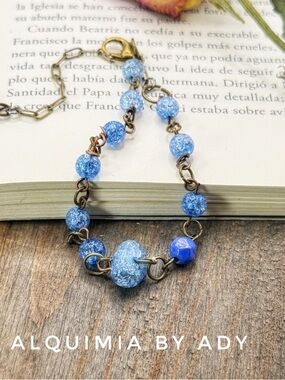 Blue quartz Beaded Bracelet with Antiqued Metal Links